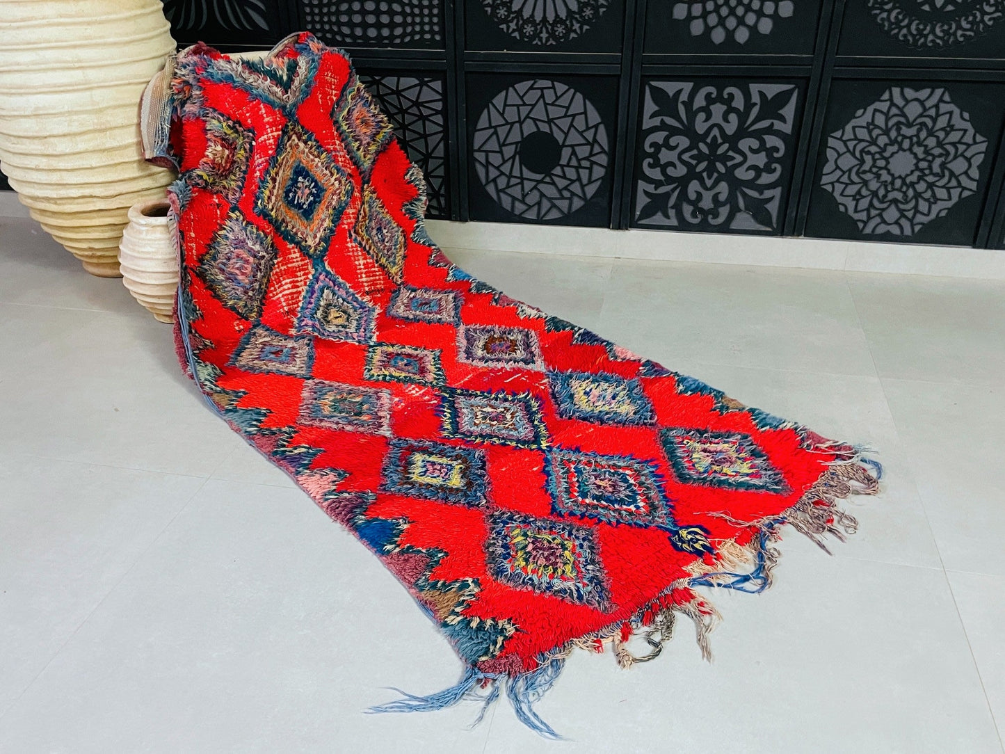 Red Moroccan Boucherouite Rug 3x8 ft - N7215