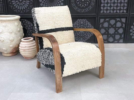 Minimalist Moroccan Shearling Chair - Black and White Wool Accent Chair with Wooden Frame - Mid century armchair, relax vintage modern chair