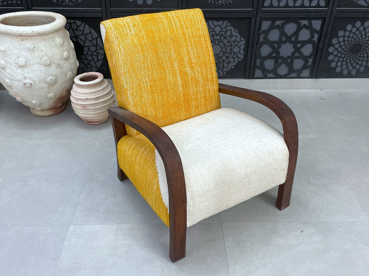 Handcrafted Moroccan Chair - Walnut Wood & Kilim Upholstery - Boho Accent Chair - CH71