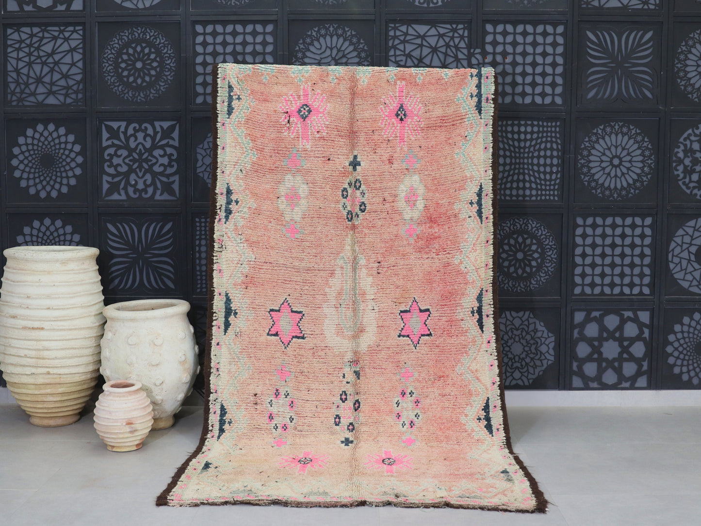 Vintage Moroccan Rug - Handwoven Wool with Pink Stars and Geometric Patterns 5x9 - C48