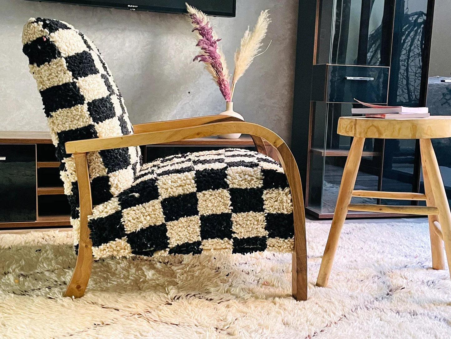 Custom checkered moroccan walnut wood Chair