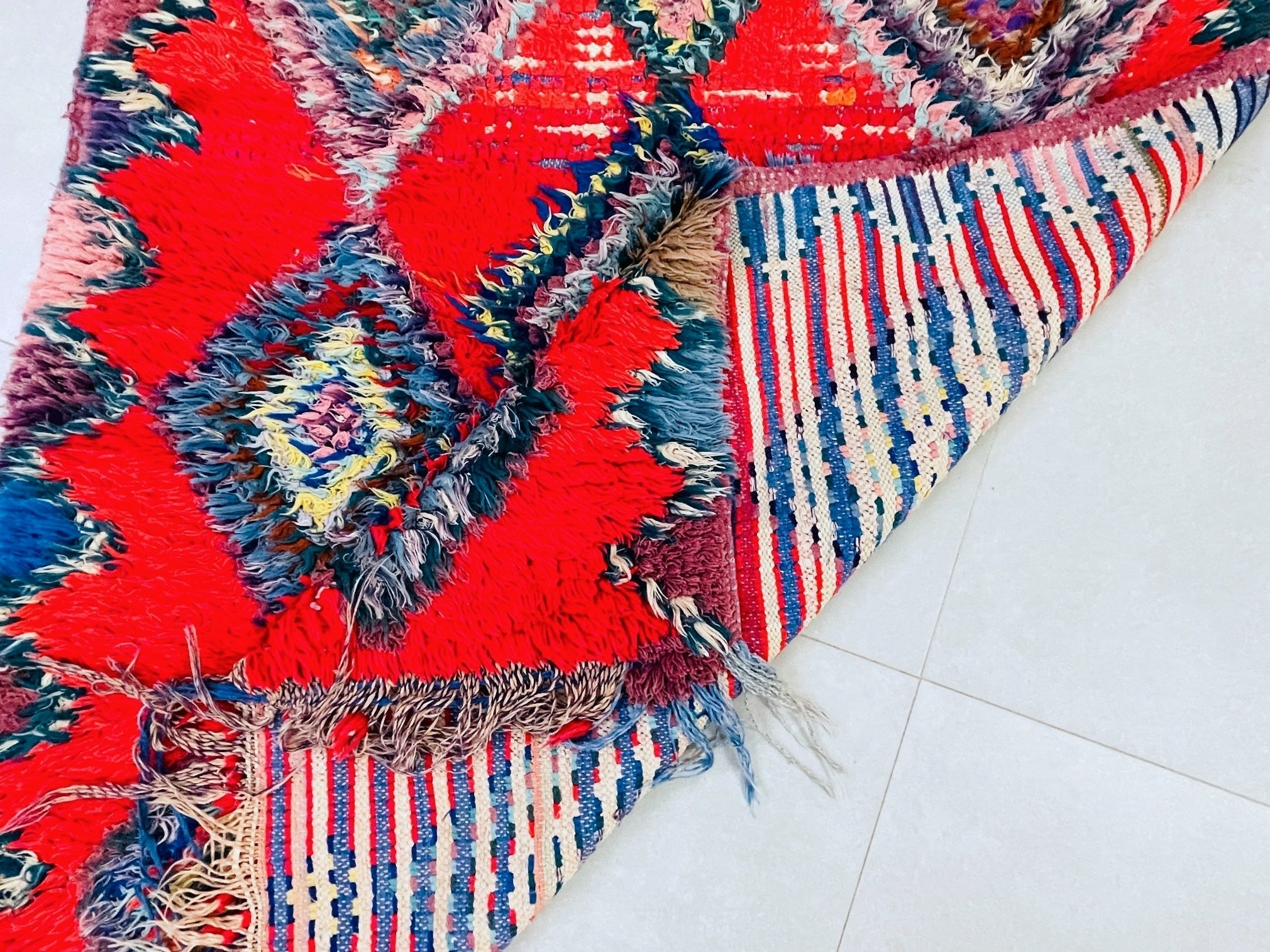 Red Moroccan Boucherouite Rug 3x8 ft - N7215